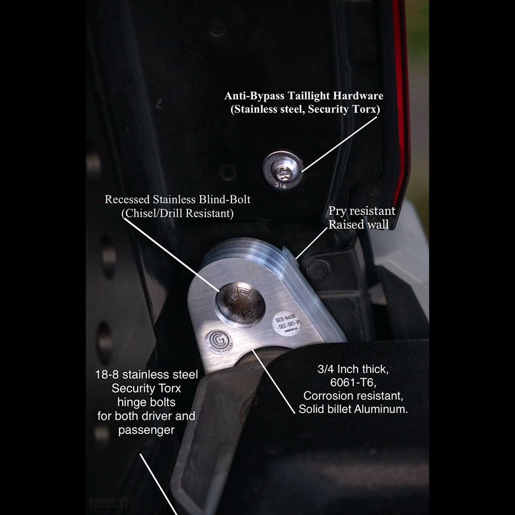 2024 Toyota Tacoma 4th Gen N400 tailgate anti-theft lock installed. CNC machined 6061-T6 billet aluminum with security Torx hardware.