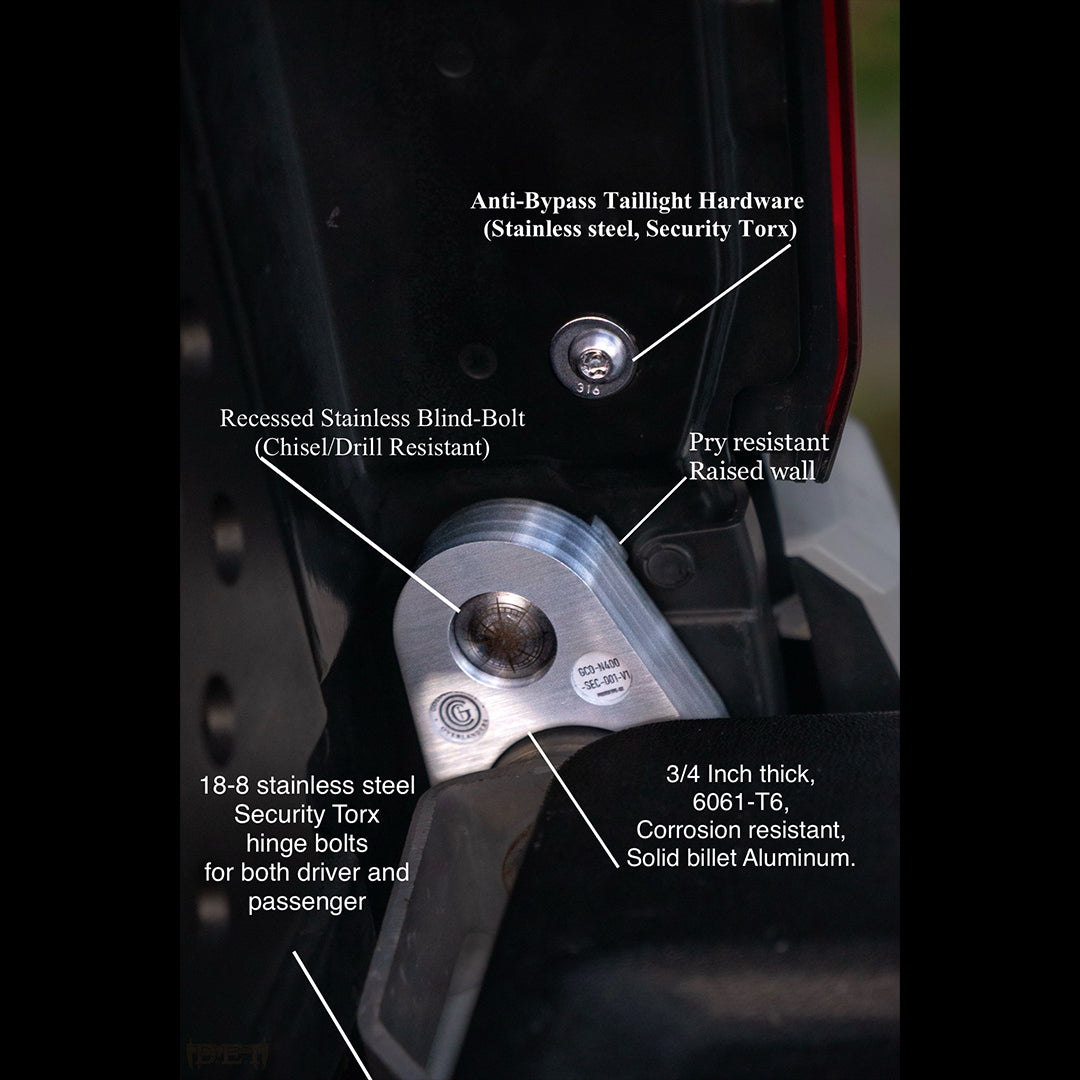 2024 Toyota Tacoma 4th Gen N400 tailgate anti-theft lock installed. CNC machined 6061-T6 billet aluminum with security Torx hardware.