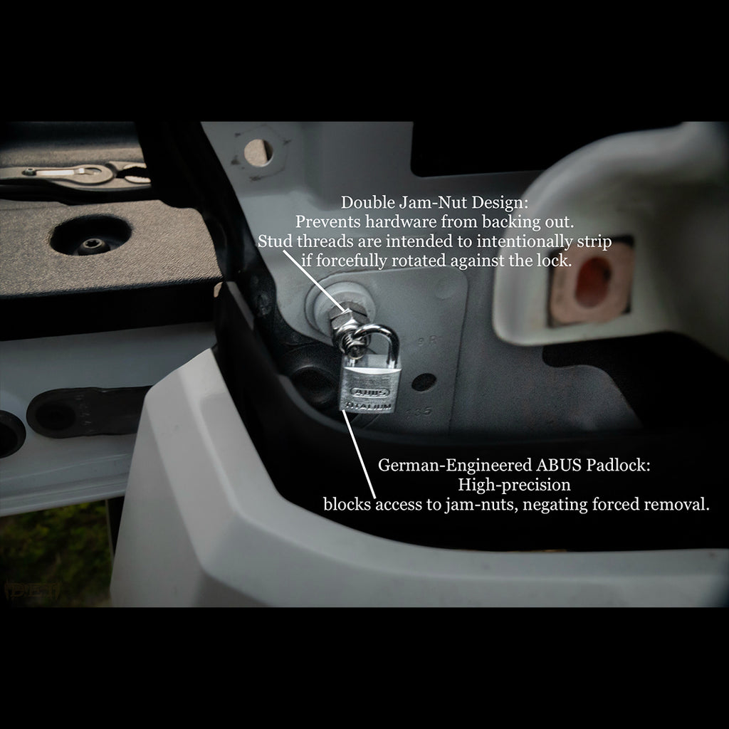 4th Gen Tacoma tailgate lock jam nut assembly. Features double jam-nut design and ABUS padlock securing the OEM tailgate hinge.